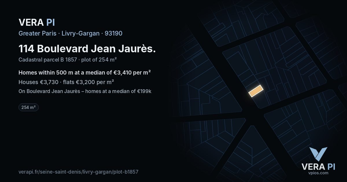 114 Boulevard Jean Jaurès, Livry-Gargan at night – the plot lit, the parcels around coloured by the prices near them
