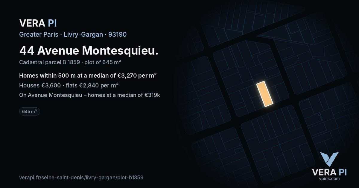 44 Avenue Montesquieu, Livry-Gargan at night – the plot lit, the parcels around coloured by the prices near them