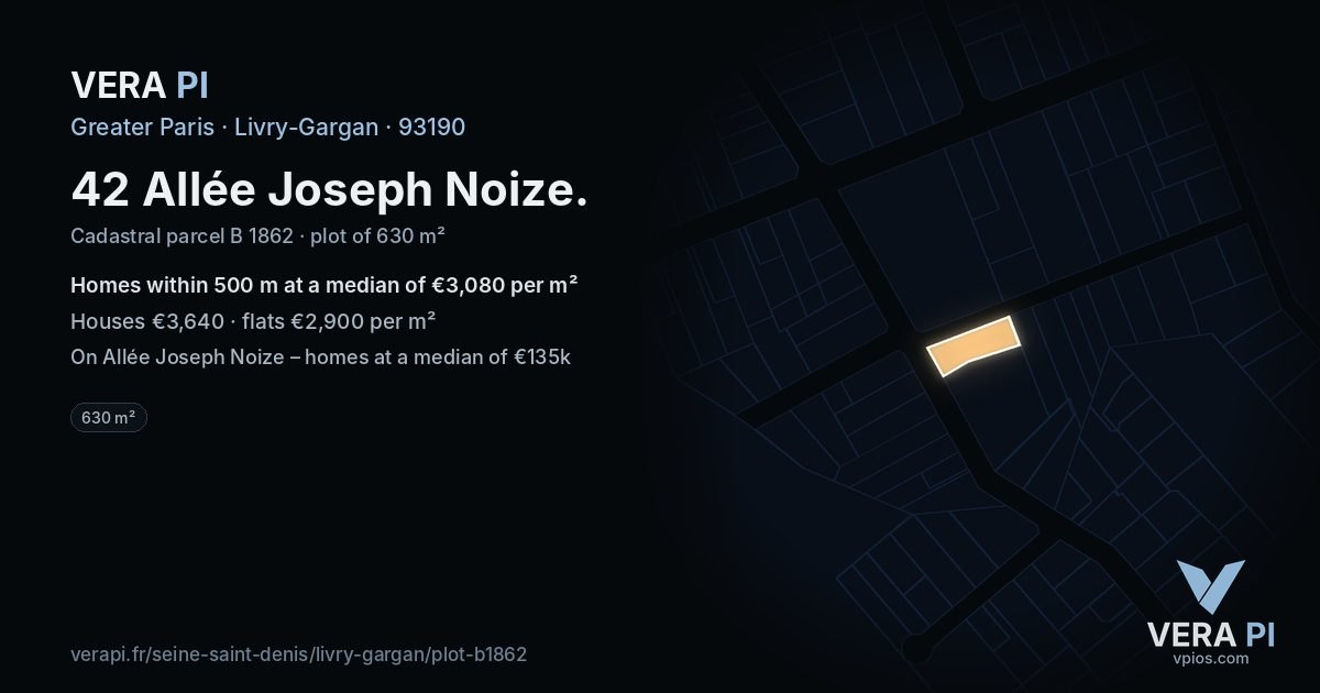 42 Allée Joseph Noize, Livry-Gargan at night – the plot lit, the parcels around coloured by the prices near them