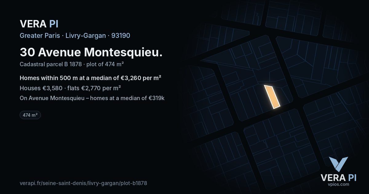 30 Avenue Montesquieu, Livry-Gargan at night – the plot lit, the parcels around coloured by the prices near them