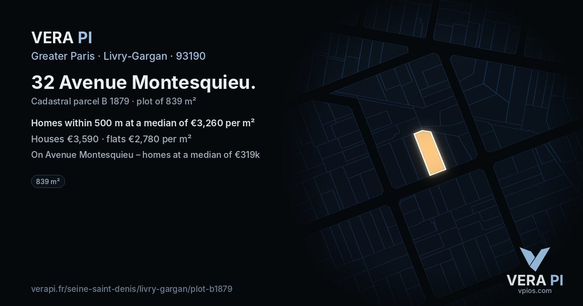 32 Avenue Montesquieu, Livry-Gargan at night – the plot lit, the parcels around coloured by the prices near them