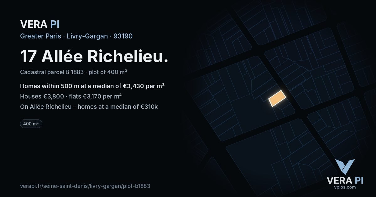 17 Allée Richelieu, Livry-Gargan at night – the plot lit, the parcels around coloured by the prices near them