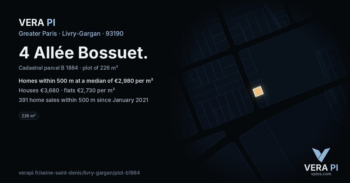 4 Allée Bossuet, Livry-Gargan at night – the plot lit, the parcels around coloured by the prices near them