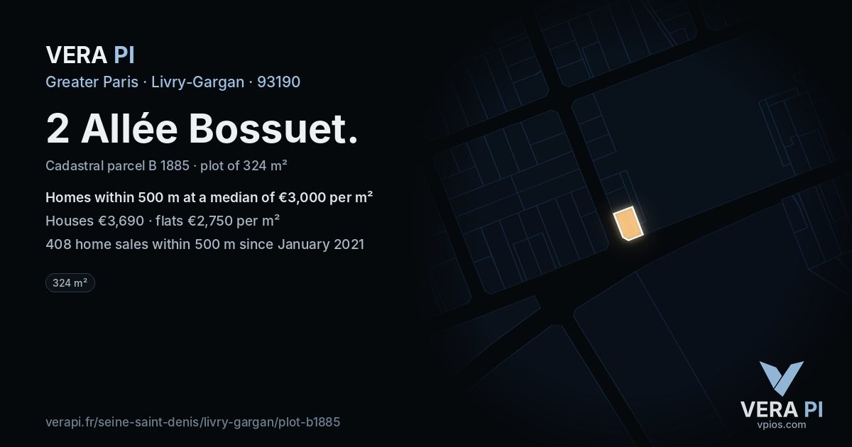 2 Allée Bossuet, Livry-Gargan at night – the plot lit, the parcels around coloured by the prices near them