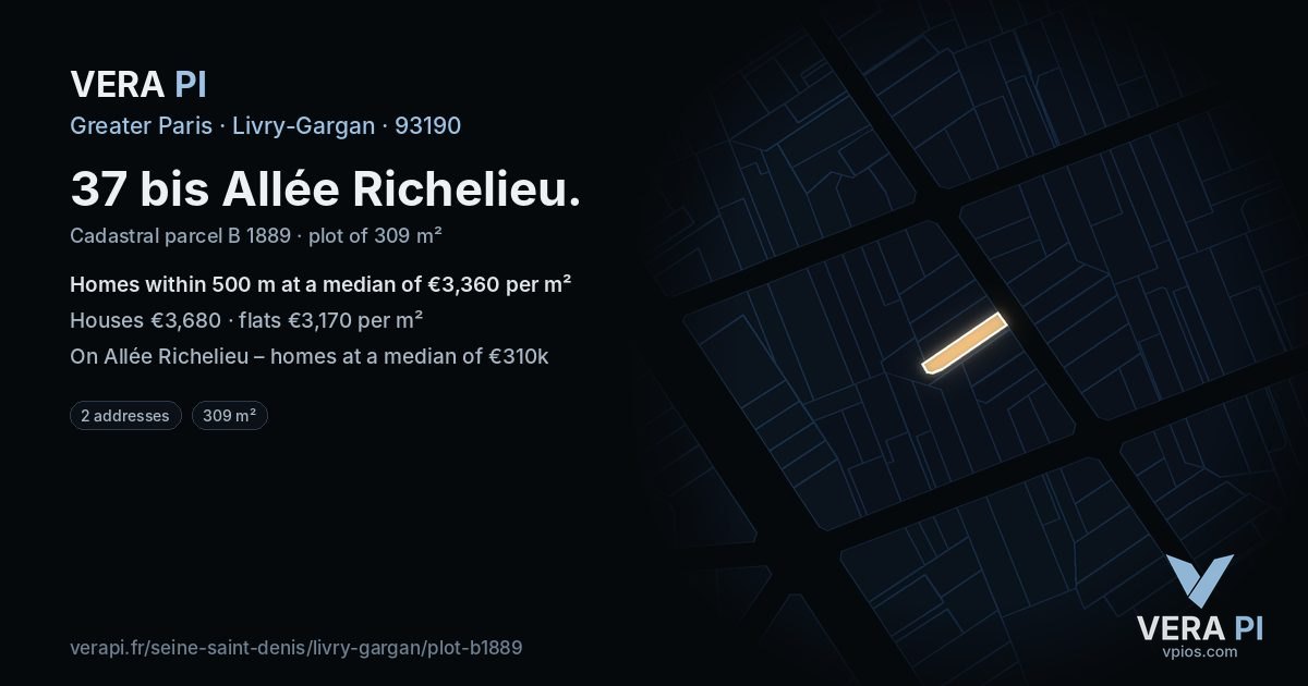 37 bis Allée Richelieu, Livry-Gargan at night – the plot lit, the parcels around coloured by the prices near them