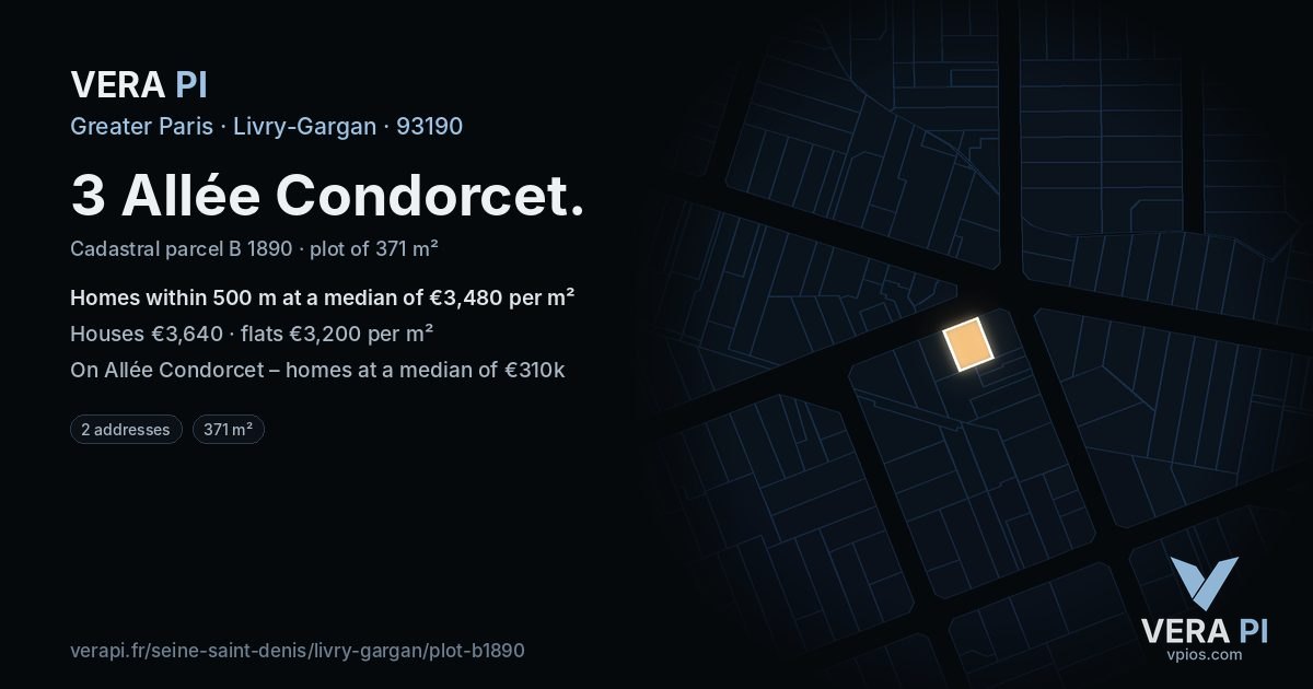 3 Allée Condorcet, Livry-Gargan at night – the plot lit, the parcels around coloured by the prices near them