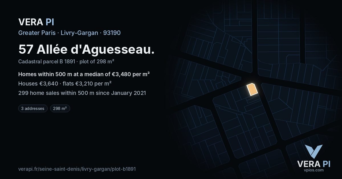 57 Allée d'Aguesseau, Livry-Gargan at night – the plot lit, the parcels around coloured by the prices near them
