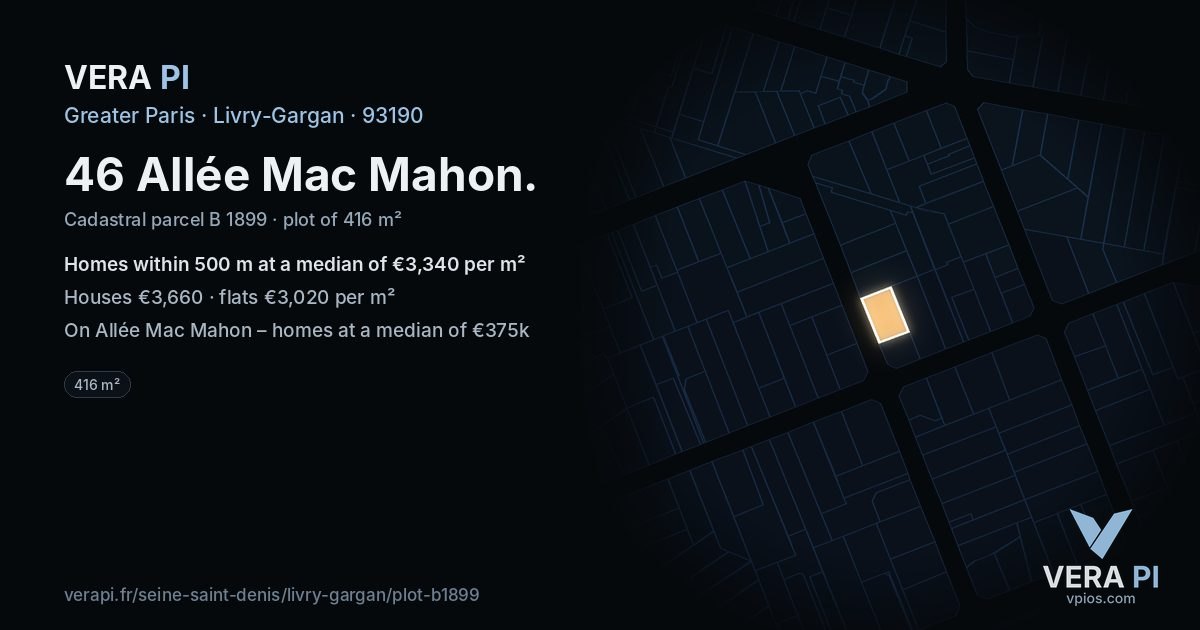 46 Allée Mac Mahon, Livry-Gargan at night – the plot lit, the parcels around coloured by the prices near them