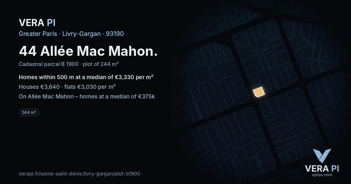44 Allée Mac Mahon, Livry-Gargan at night – the plot lit, the parcels around coloured by the prices near them