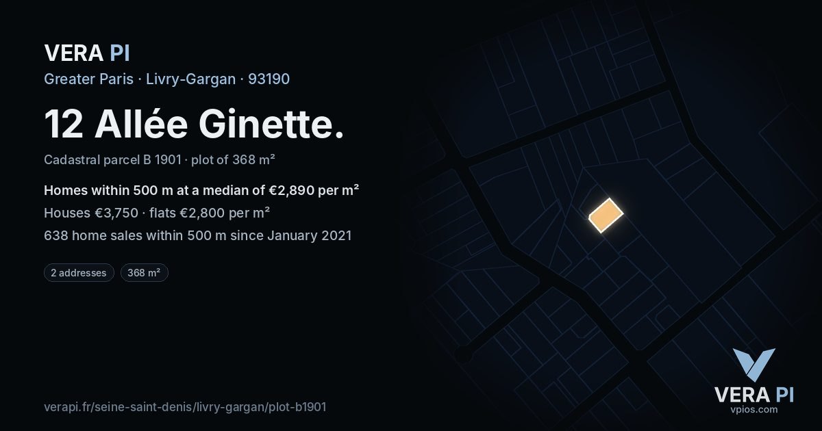 12 Allée Ginette, Livry-Gargan at night – the plot lit, the parcels around coloured by the prices near them
