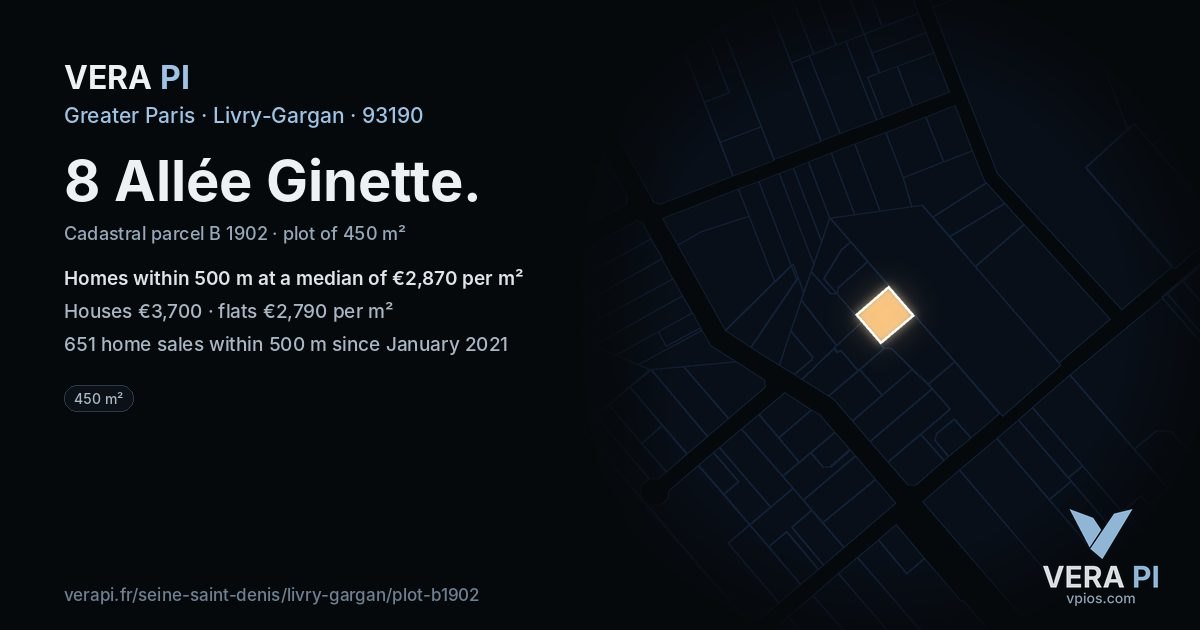 8 Allée Ginette, Livry-Gargan at night – the plot lit, the parcels around coloured by the prices near them