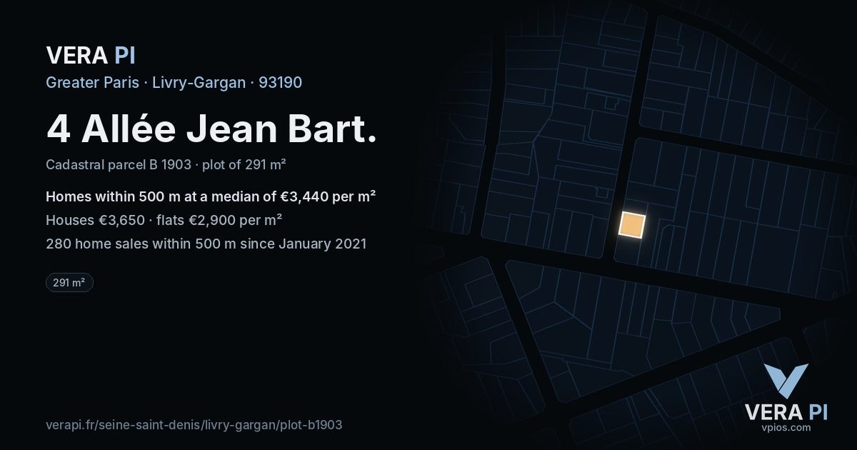 4 Allée Jean Bart, Livry-Gargan at night – the plot lit, the parcels around coloured by the prices near them