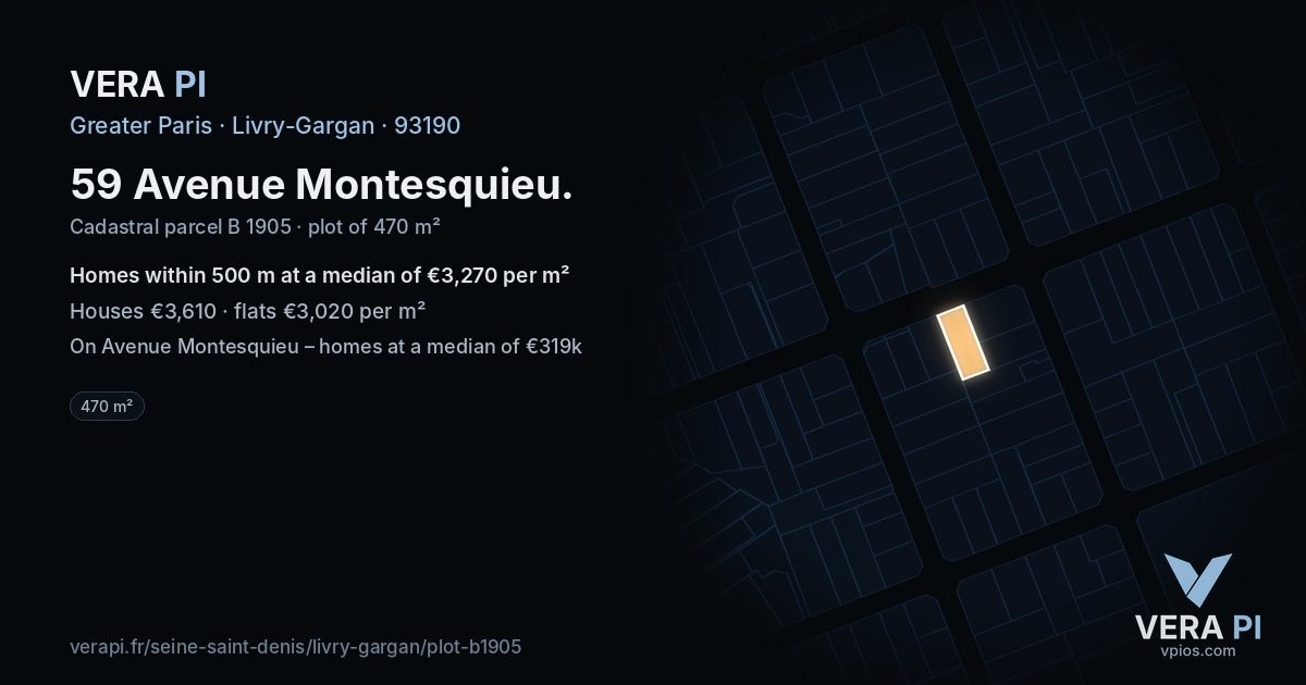 59 Avenue Montesquieu, Livry-Gargan at night – the plot lit, the parcels around coloured by the prices near them