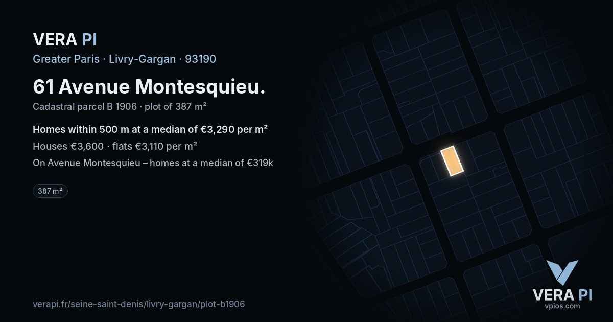 61 Avenue Montesquieu, Livry-Gargan at night – the plot lit, the parcels around coloured by the prices near them
