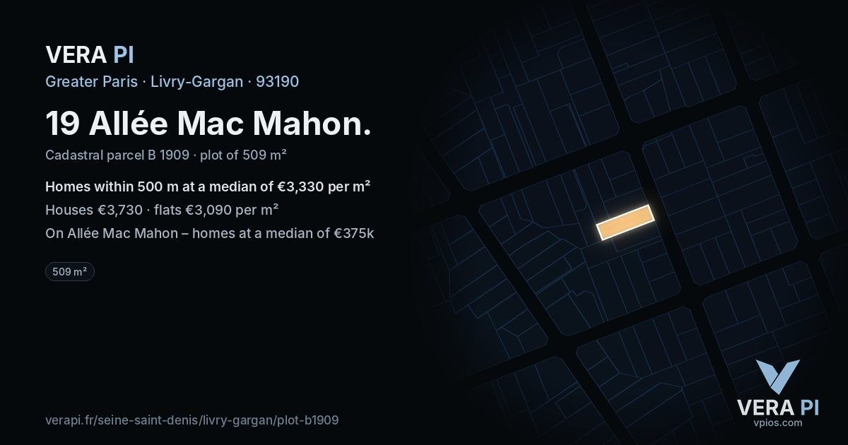 19 Allée Mac Mahon, Livry-Gargan at night – the plot lit, the parcels around coloured by the prices near them