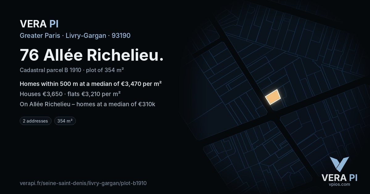 76 Allée Richelieu, Livry-Gargan at night – the plot lit, the parcels around coloured by the prices near them