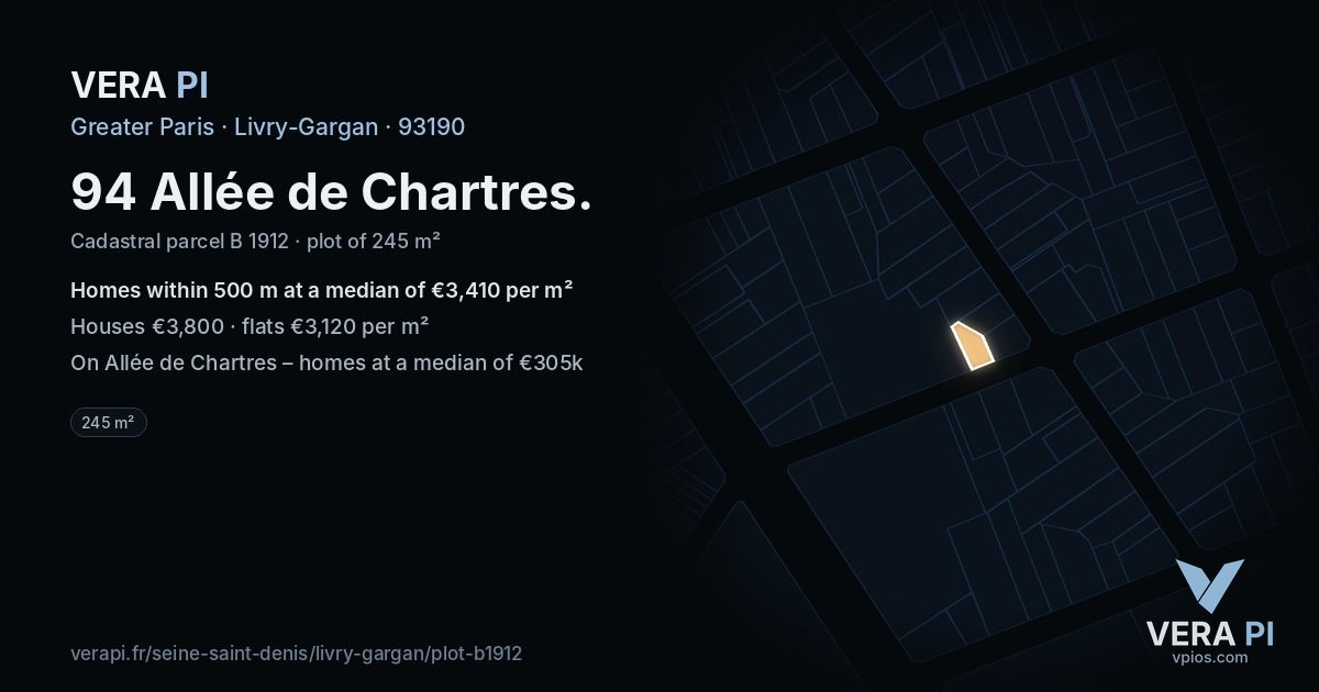 94 Allée de Chartres, Livry-Gargan at night – the plot lit, the parcels around coloured by the prices near them