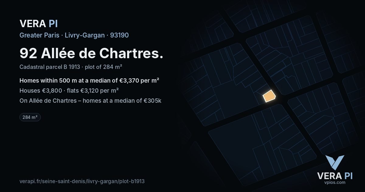 92 Allée de Chartres, Livry-Gargan at night – the plot lit, the parcels around coloured by the prices near them