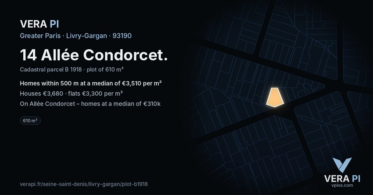 14 Allée Condorcet, Livry-Gargan at night – the plot lit, the parcels around coloured by the prices near them