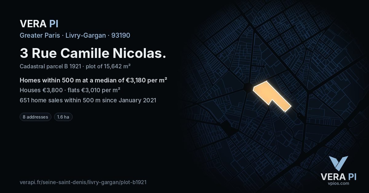 3 Rue Camille Nicolas, Livry-Gargan at night – the plot lit, the parcels around coloured by the prices near them