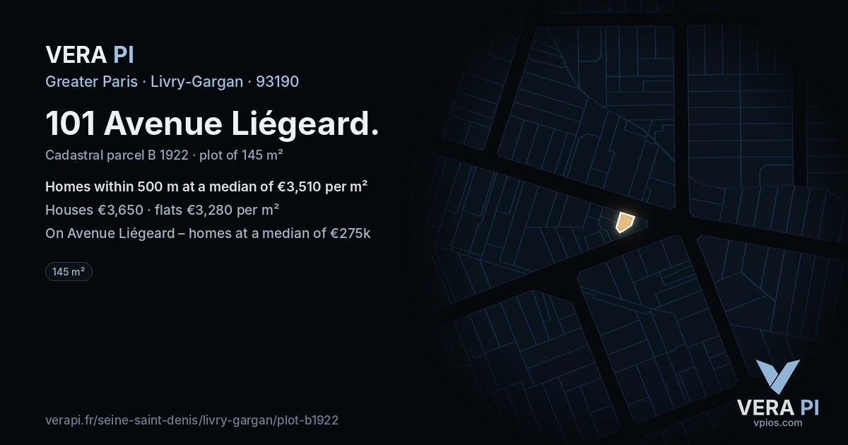 101 Avenue Liégeard, Livry-Gargan at night – the plot lit, the parcels around coloured by the prices near them