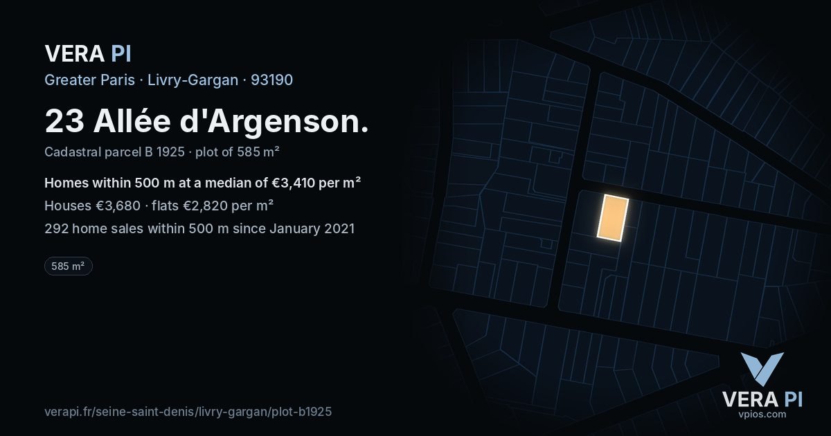23 Allée d'Argenson, Livry-Gargan at night – the plot lit, the parcels around coloured by the prices near them