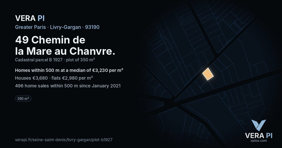 49 Chemin de la Mare au Chanvre, Livry-Gargan at night – the plot lit, the parcels around coloured by the prices near them