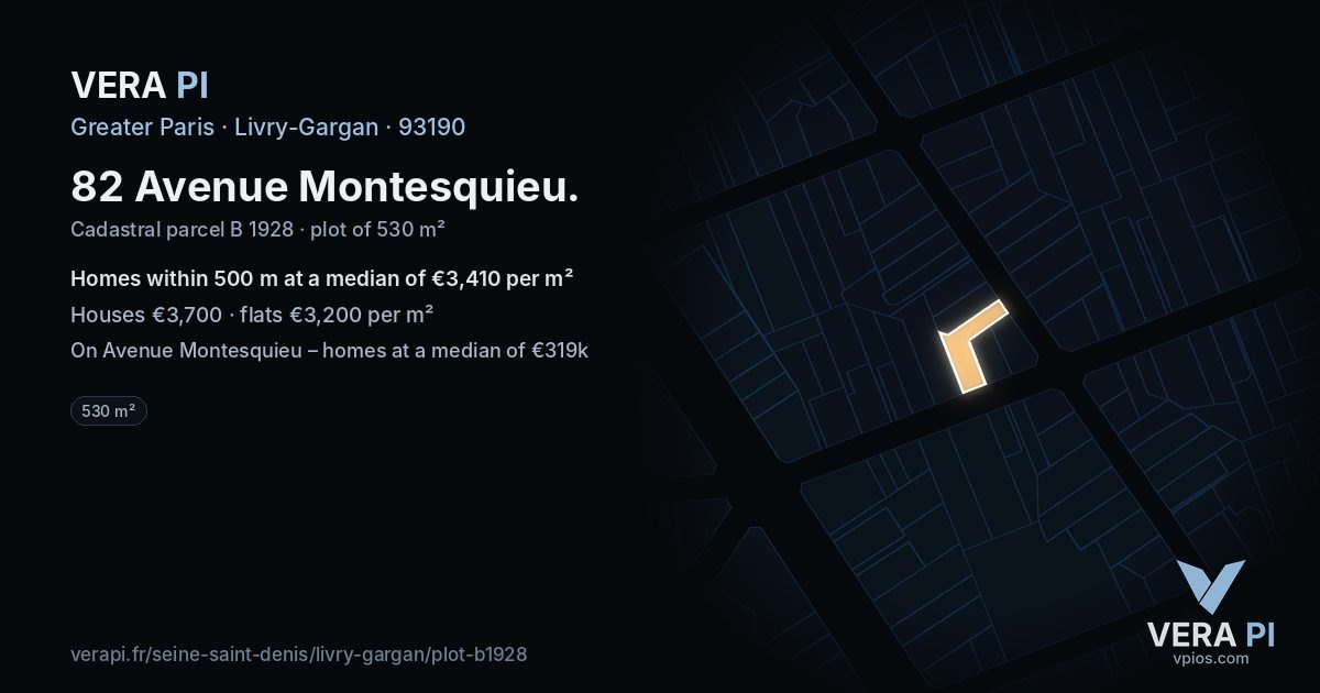 82 Avenue Montesquieu, Livry-Gargan at night – the plot lit, the parcels around coloured by the prices near them