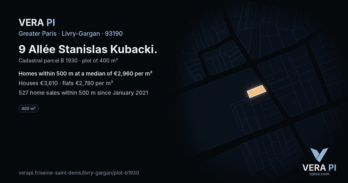 9 Allée Stanislas Kubacki, Livry-Gargan at night – the plot lit, the parcels around coloured by the prices near them