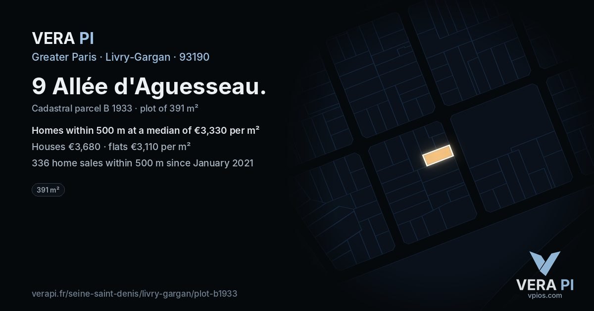 9 Allée d'Aguesseau, Livry-Gargan at night – the plot lit, the parcels around coloured by the prices near them