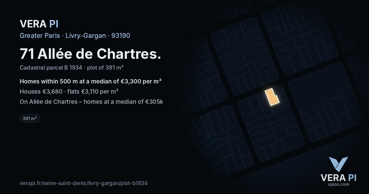 71 Allée de Chartres, Livry-Gargan at night – the plot lit, the parcels around coloured by the prices near them