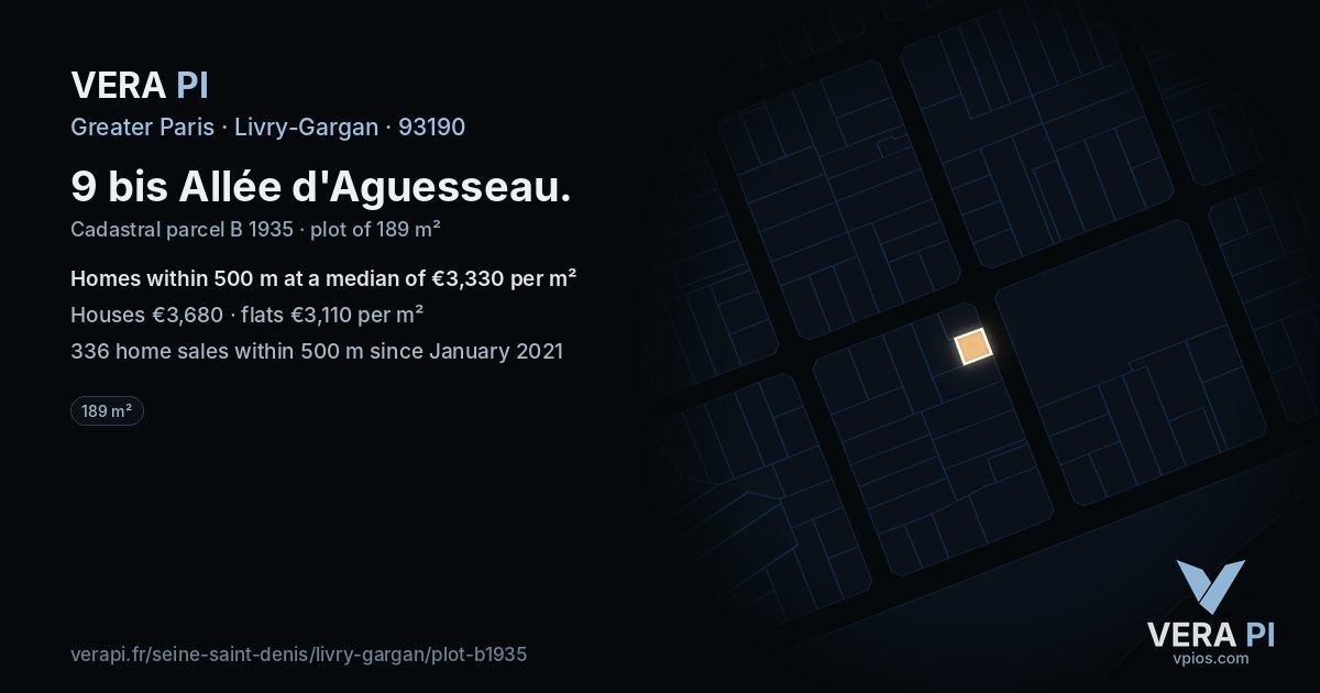 9 bis Allée d'Aguesseau, Livry-Gargan at night – the plot lit, the parcels around coloured by the prices near them
