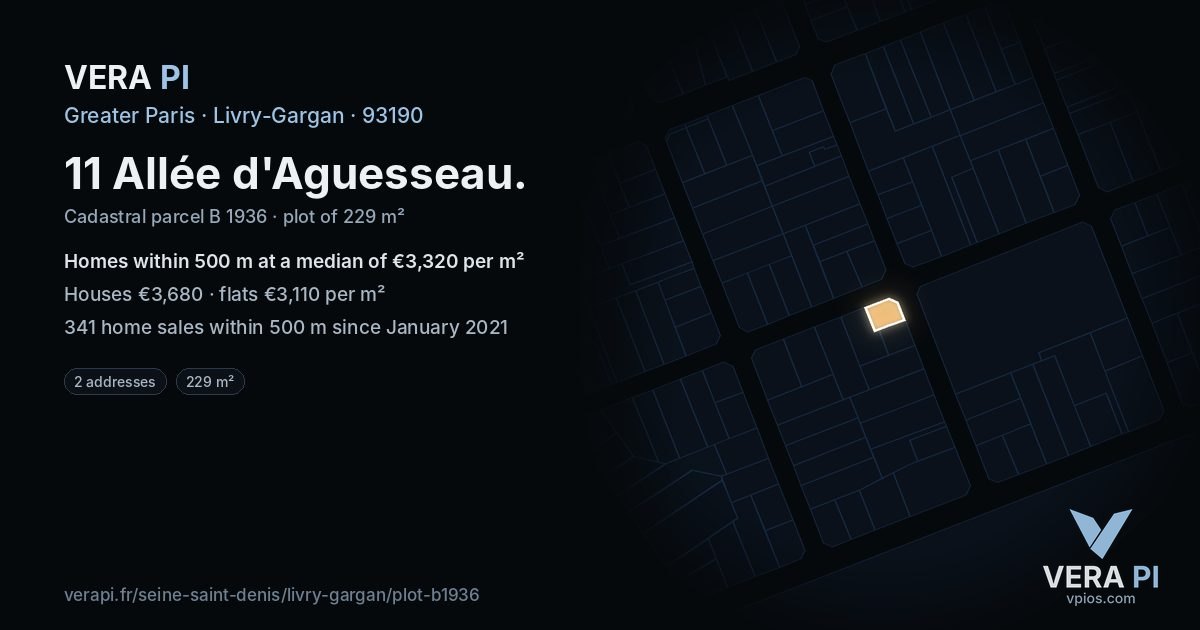 11 Allée d'Aguesseau, Livry-Gargan at night – the plot lit, the parcels around coloured by the prices near them