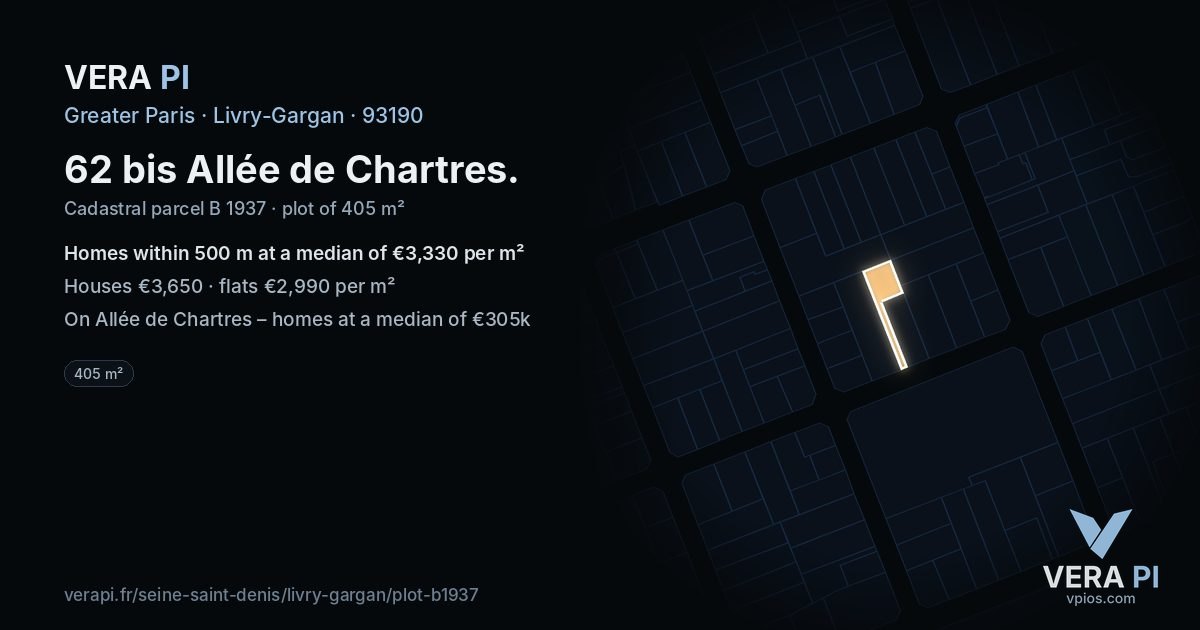 62 bis Allée de Chartres, Livry-Gargan at night – the plot lit, the parcels around coloured by the prices near them