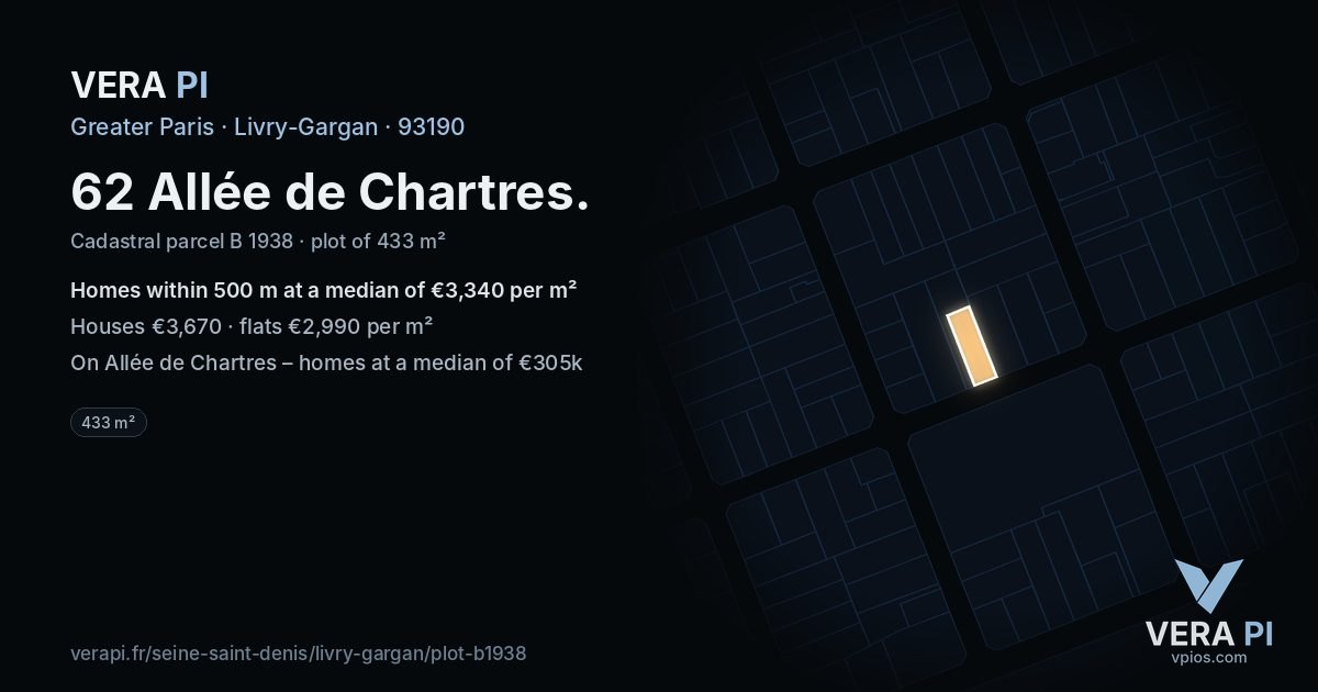 62 Allée de Chartres, Livry-Gargan at night – the plot lit, the parcels around coloured by the prices near them