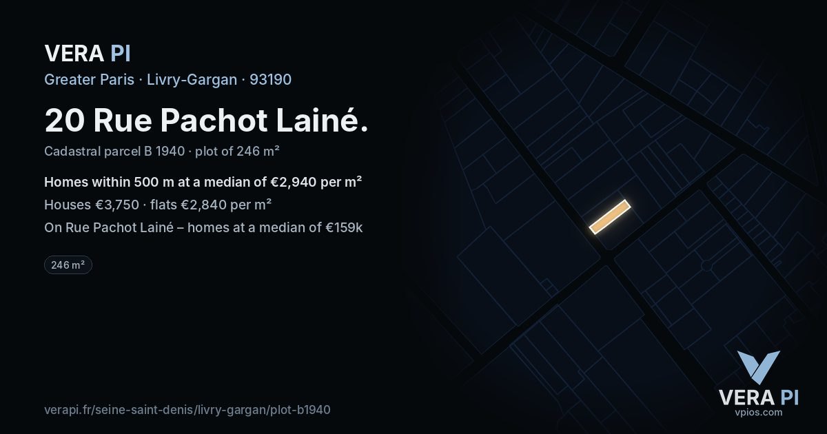20 Rue Pachot Lainé, Livry-Gargan at night – the plot lit, the parcels around coloured by the prices near them