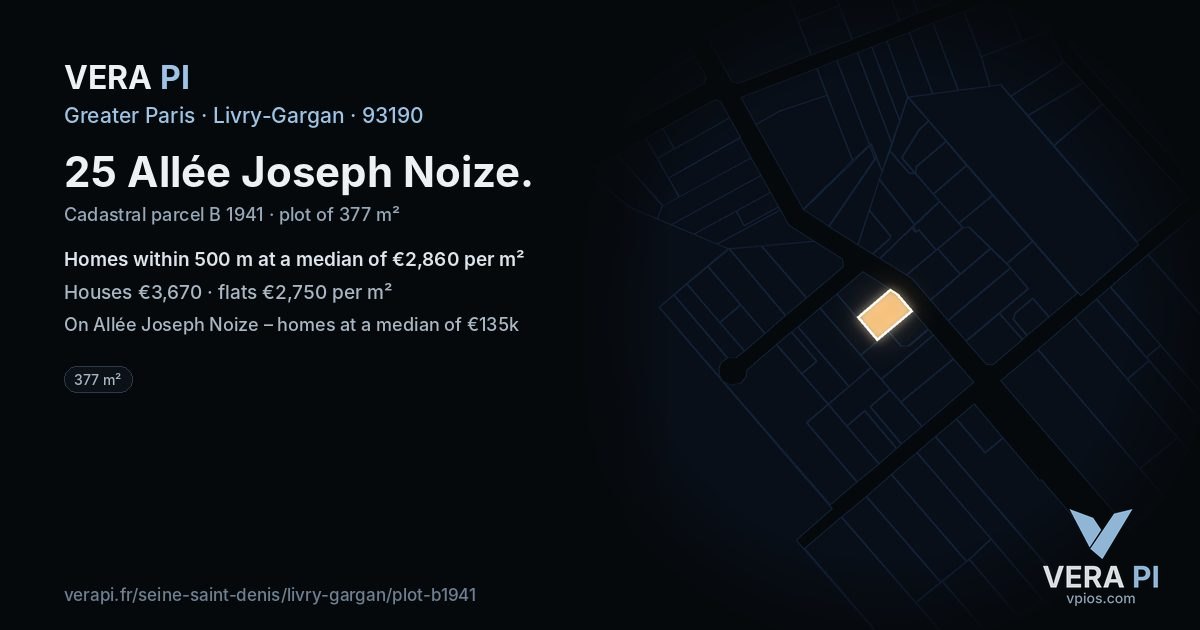 25 Allée Joseph Noize, Livry-Gargan at night – the plot lit, the parcels around coloured by the prices near them