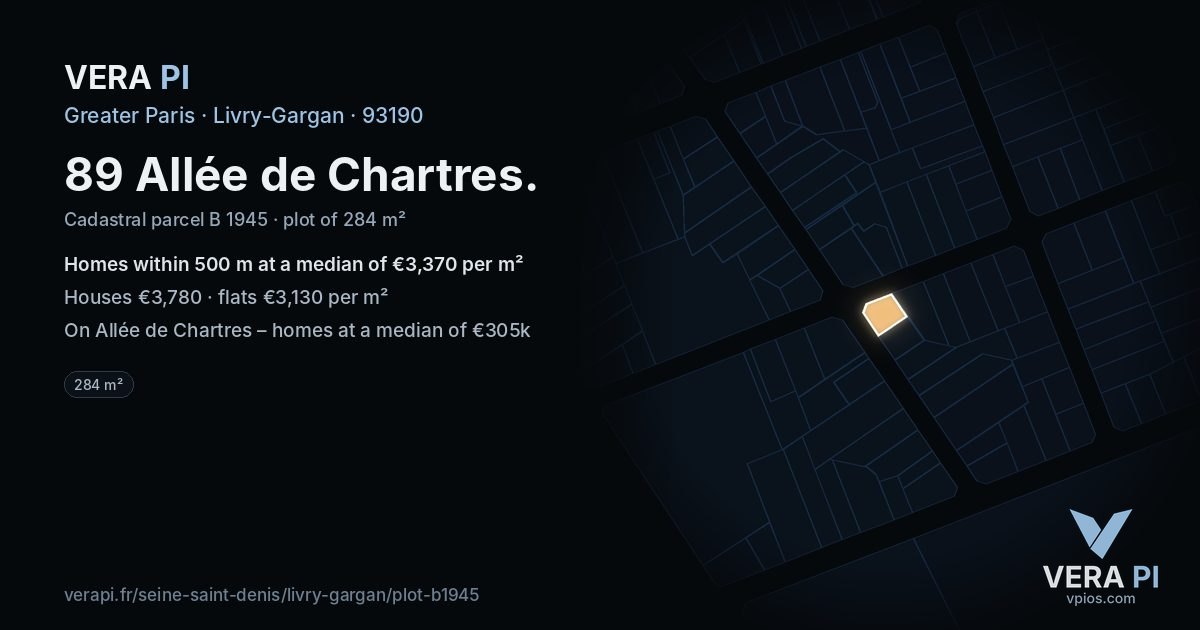 89 Allée de Chartres, Livry-Gargan at night – the plot lit, the parcels around coloured by the prices near them