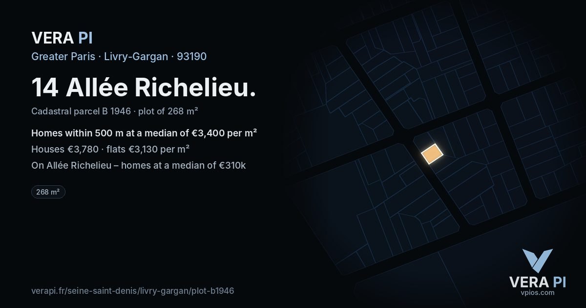 14 Allée Richelieu, Livry-Gargan at night – the plot lit, the parcels around coloured by the prices near them
