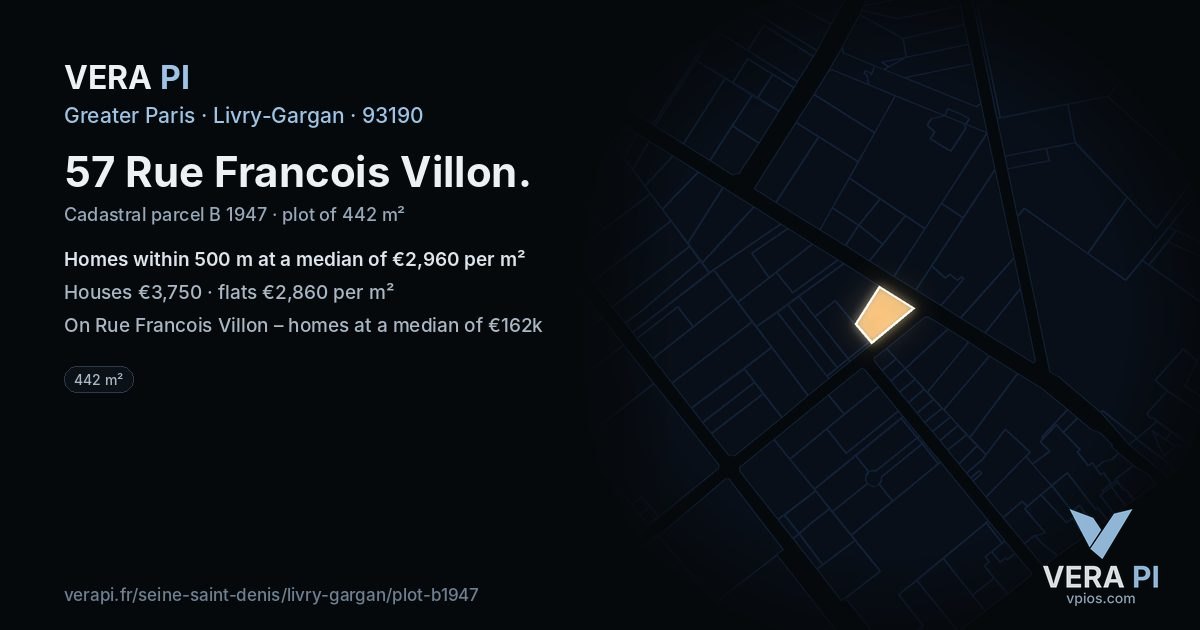 57 Rue Francois Villon, Livry-Gargan at night – the plot lit, the parcels around coloured by the prices near them