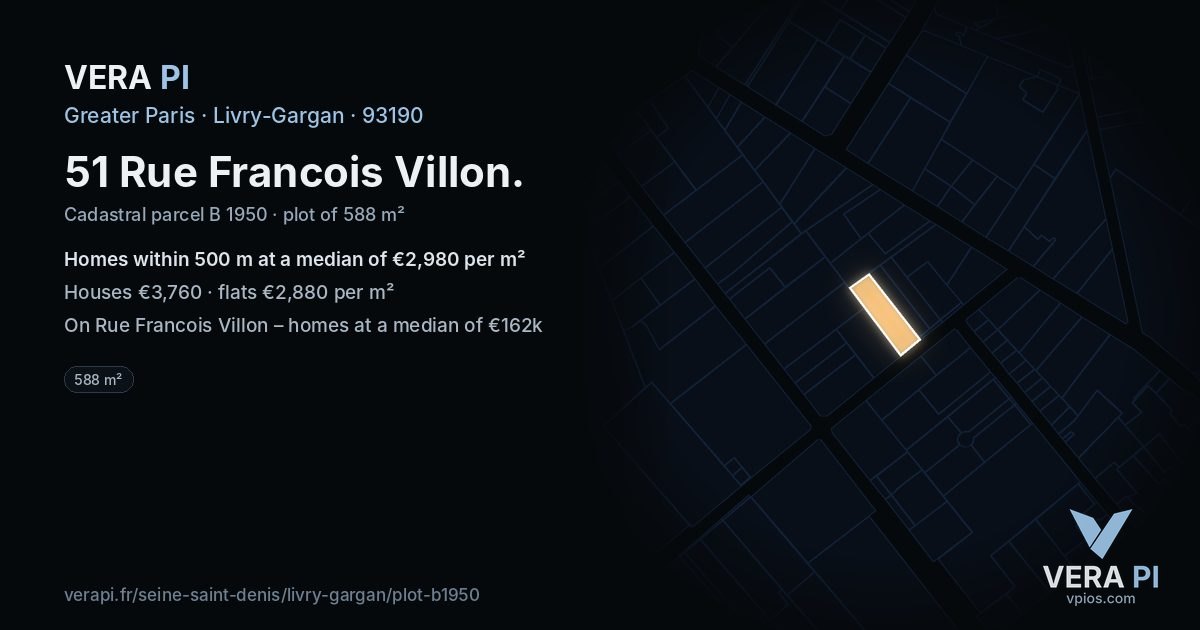 51 Rue Francois Villon, Livry-Gargan at night – the plot lit, the parcels around coloured by the prices near them
