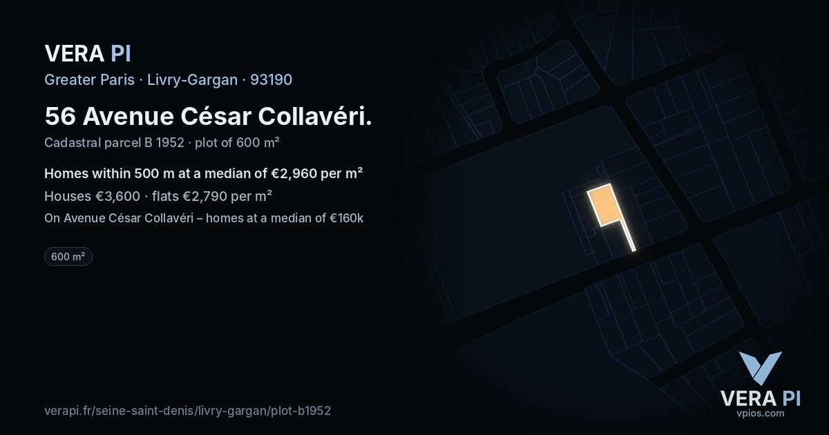 56 Avenue César Collavéri, Livry-Gargan at night – the plot lit, the parcels around coloured by the prices near them