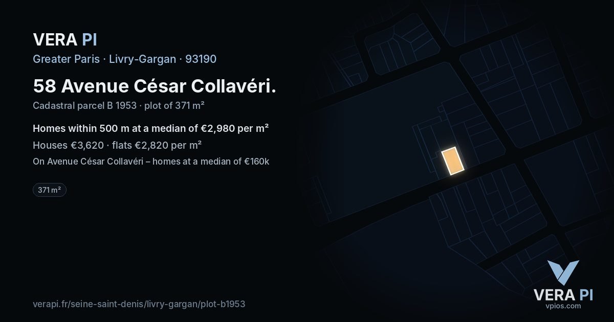 58 Avenue César Collavéri, Livry-Gargan at night – the plot lit, the parcels around coloured by the prices near them