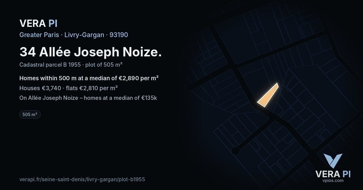 34 Allée Joseph Noize, Livry-Gargan at night – the plot lit, the parcels around coloured by the prices near them