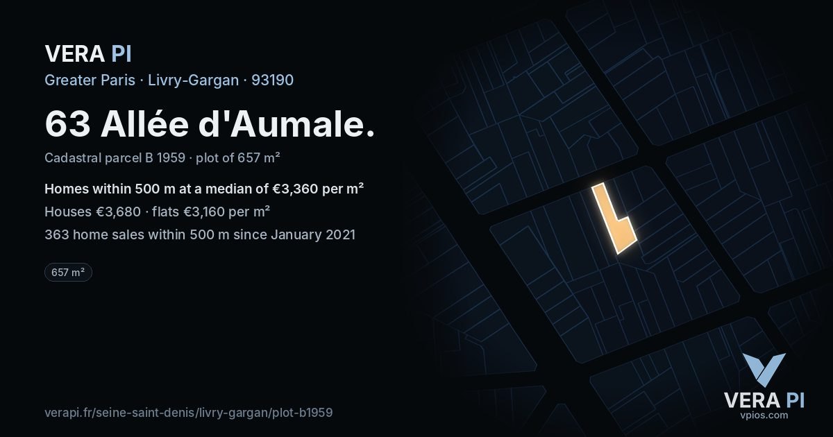 63 Allée d'Aumale, Livry-Gargan at night – the plot lit, the parcels around coloured by the prices near them