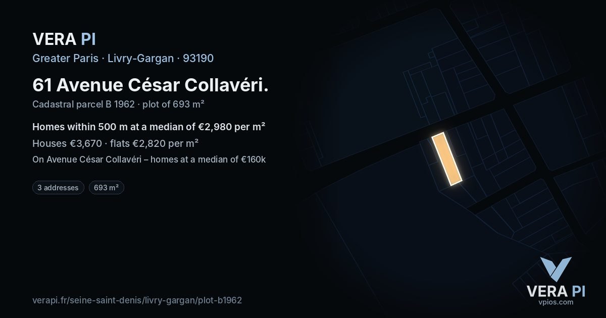 61 Avenue César Collavéri, Livry-Gargan at night – the plot lit, the parcels around coloured by the prices near them