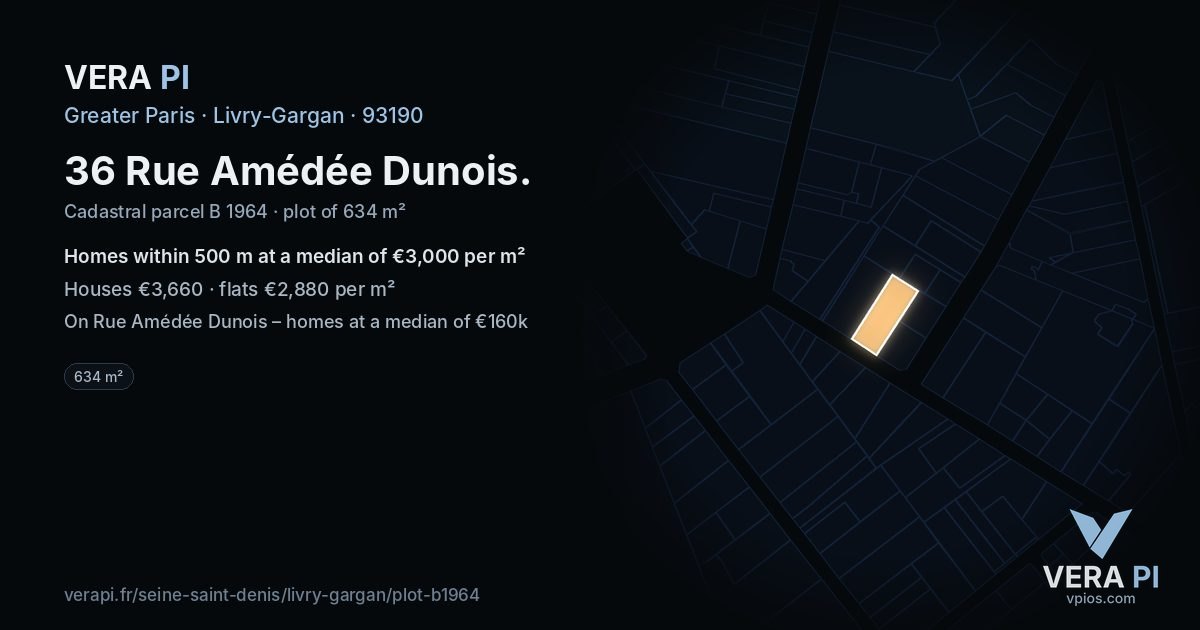 36 Rue Amédée Dunois, Livry-Gargan at night – the plot lit, the parcels around coloured by the prices near them