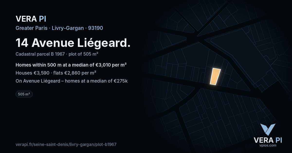 14 Avenue Liégeard, Livry-Gargan at night – the plot lit, the parcels around coloured by the prices near them