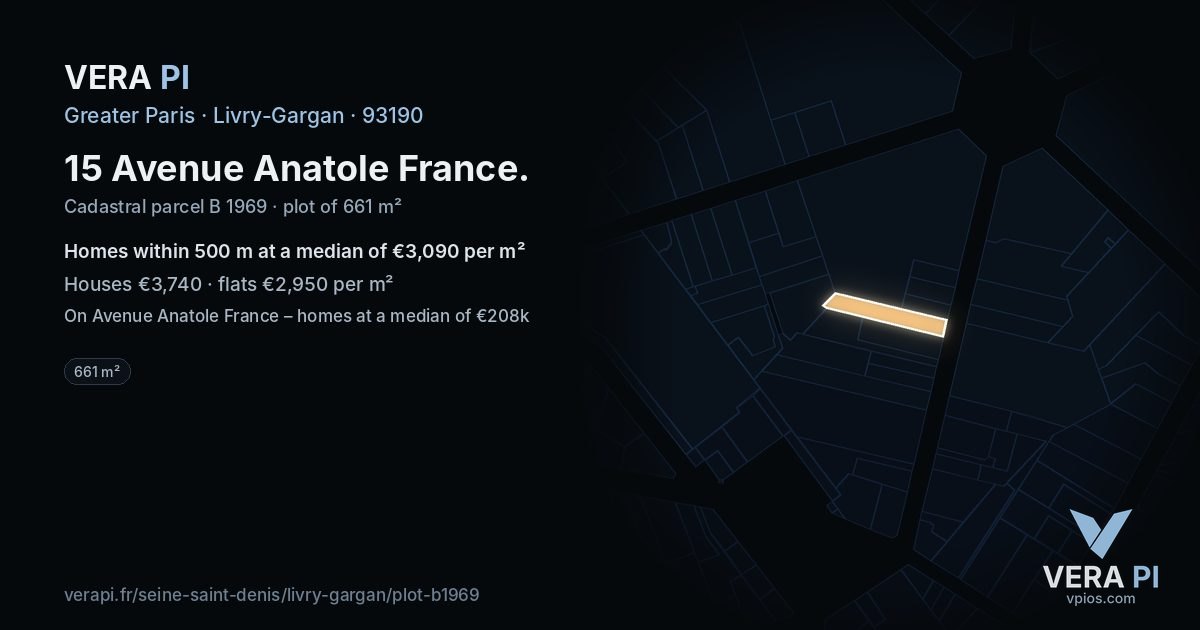15 Avenue Anatole France, Livry-Gargan at night – the plot lit, the parcels around coloured by the prices near them