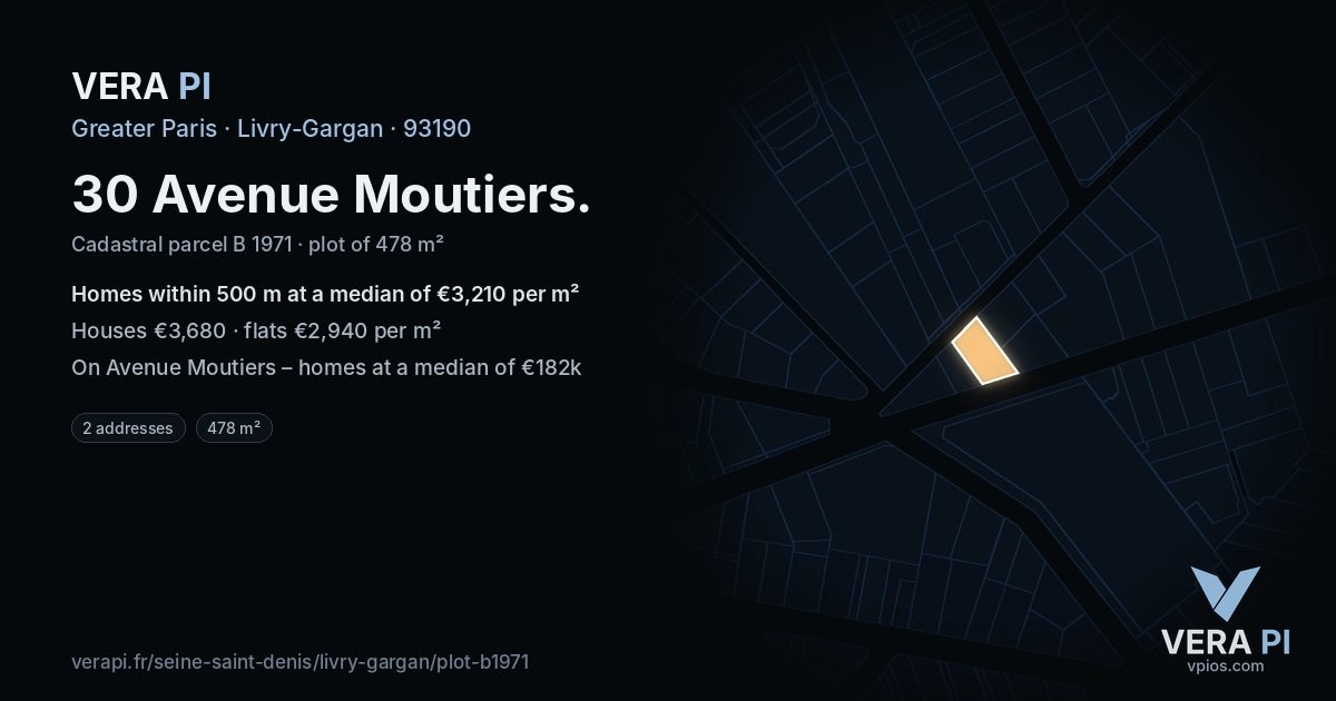 30 Avenue Moutiers, Livry-Gargan at night – the plot lit, the parcels around coloured by the prices near them
